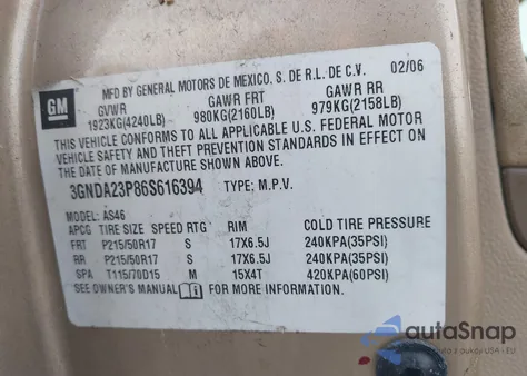 2006 Chevrolet Hhr Lt from USA, damaged, VIN 3GNDA23P86S616394